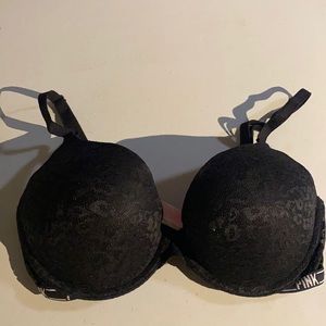 32D PINK Black Push Up Bra With Logo Band